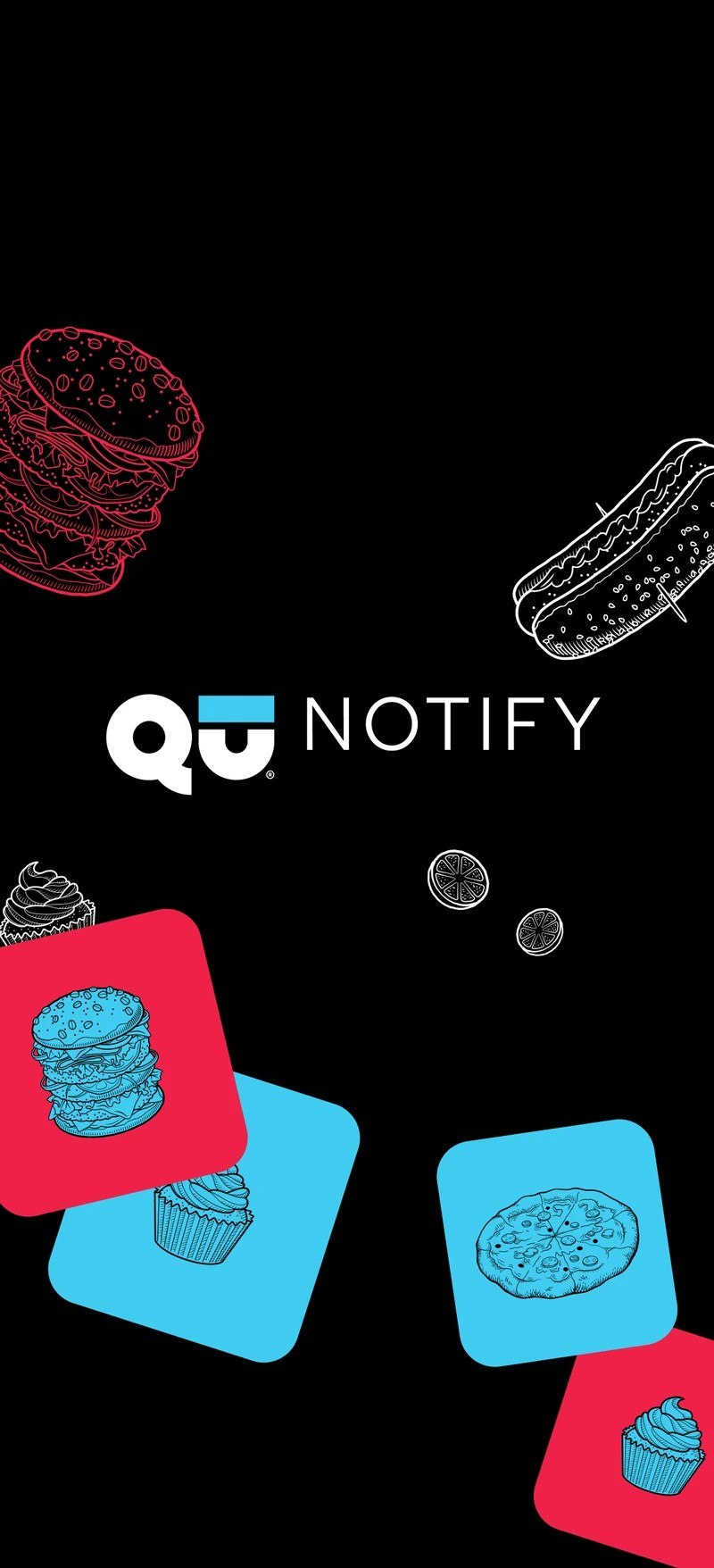 Notify splash screen with the brand's hand-drawn food illustrations on colored tiles