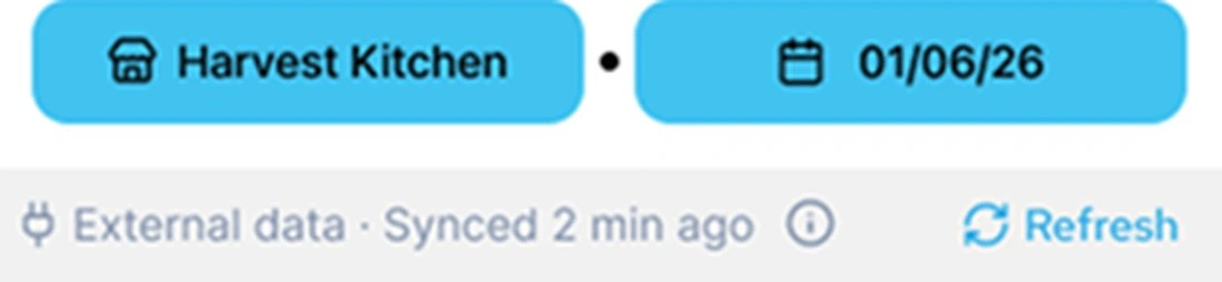 Banner reading External data, synced 2 min ago, with a Refresh action