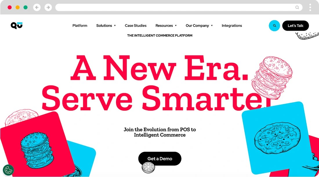 Qu's new website homepage with a bold slab headline, red and blue color blocks and hand-drawn food illustrations