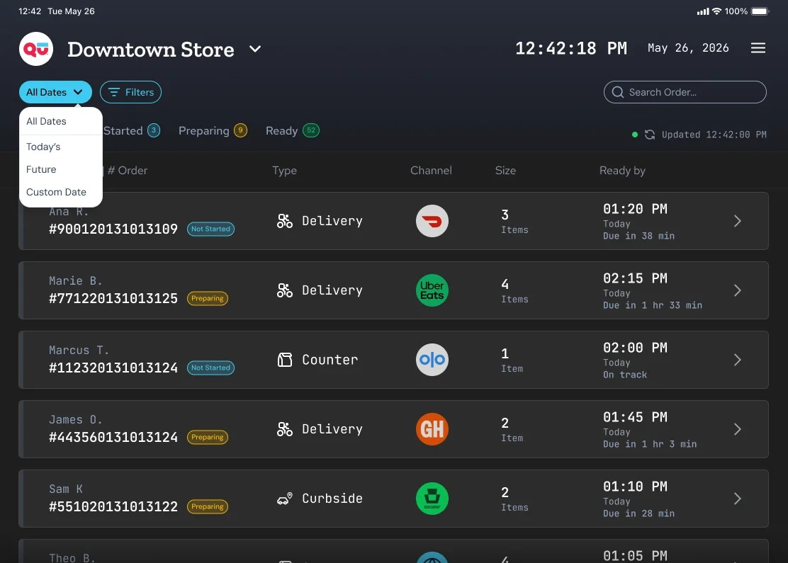 Order list with the date filter open: All Dates, Today's, Future and Custom Date